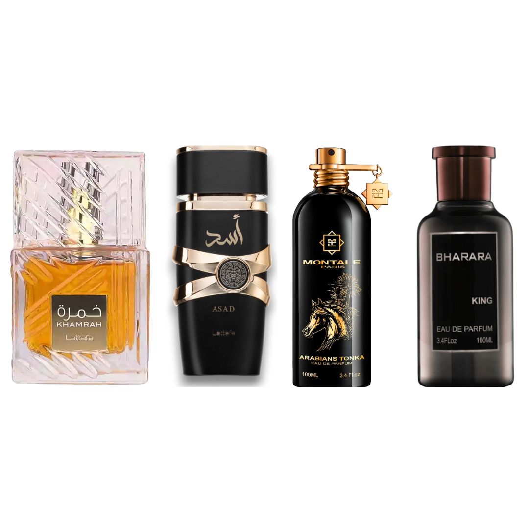 Promo árabe: Khamrah 100 ML + Arabians Tonka 100 ML + Bharara King 100 ML + Lattafa Asad 100 ML + Envío GRATIS.